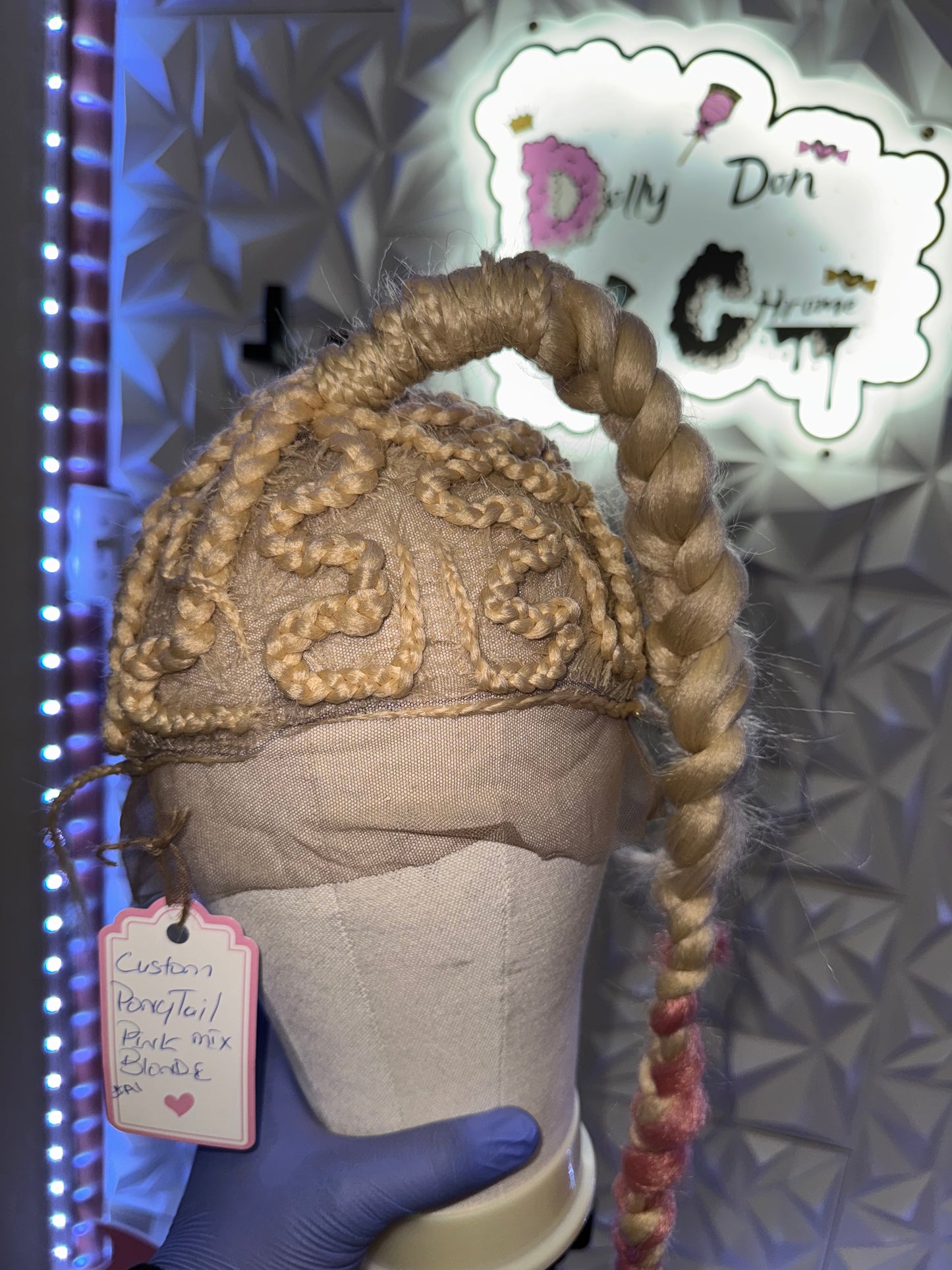 # A1 Dolly Chrome Custom Ponytail Mix Pink Bubble Plait Synthetic Wig.