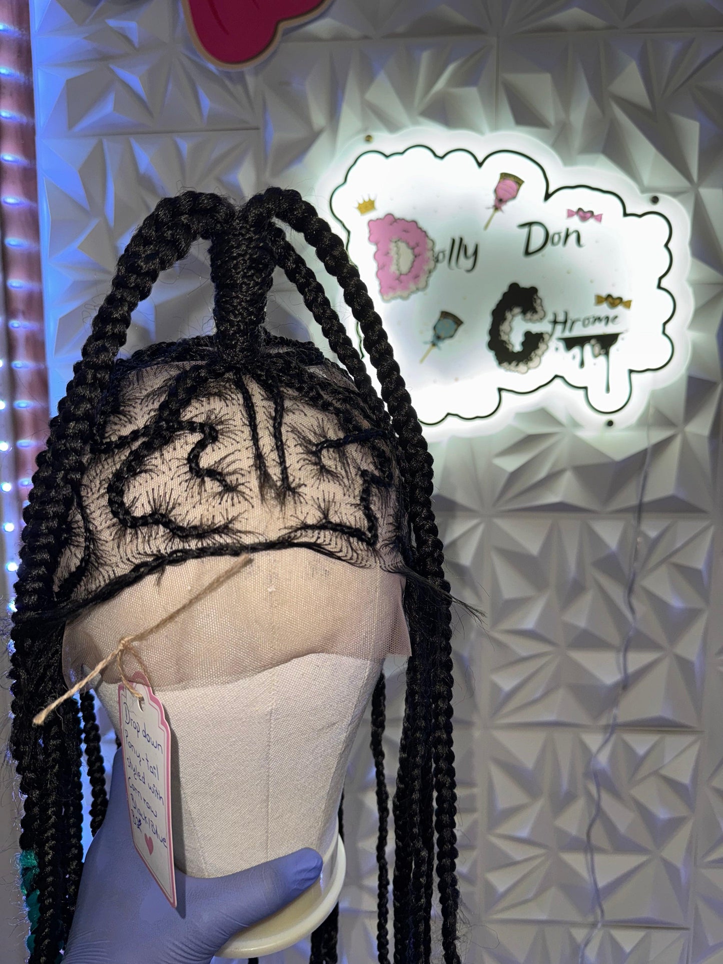 #B2 Drop Down Ponytail Style Cornrow / Black with blue at the End Custom Synthetic Wig.
