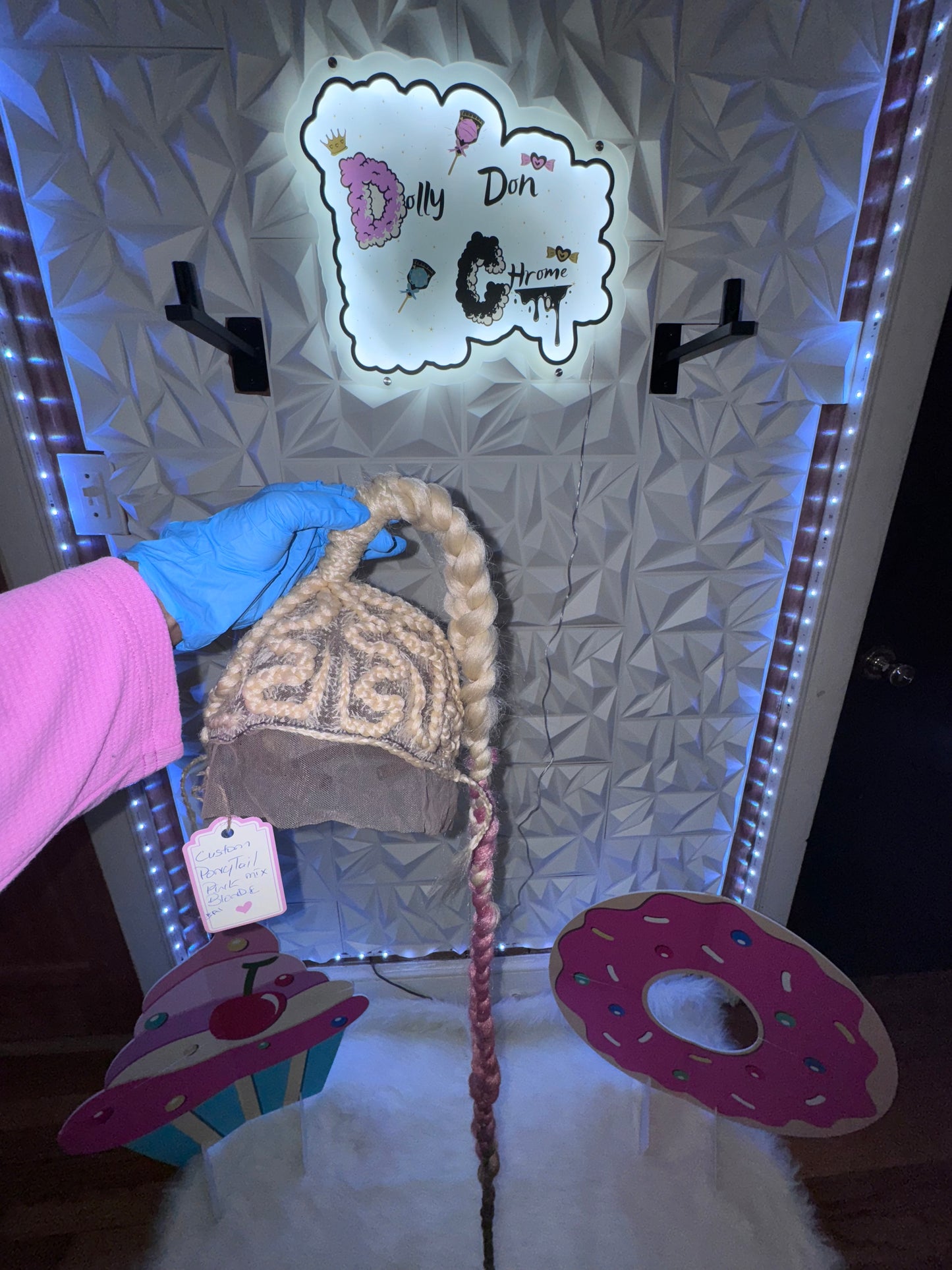 # A1 Dolly Chrome Custom Ponytail Mix Pink Bubble Plait Synthetic Wig.