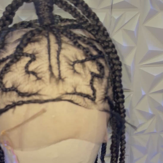 #B2 Drop Down Ponytail Style Cornrow / Black with blue at the End Custom Synthetic Wig.