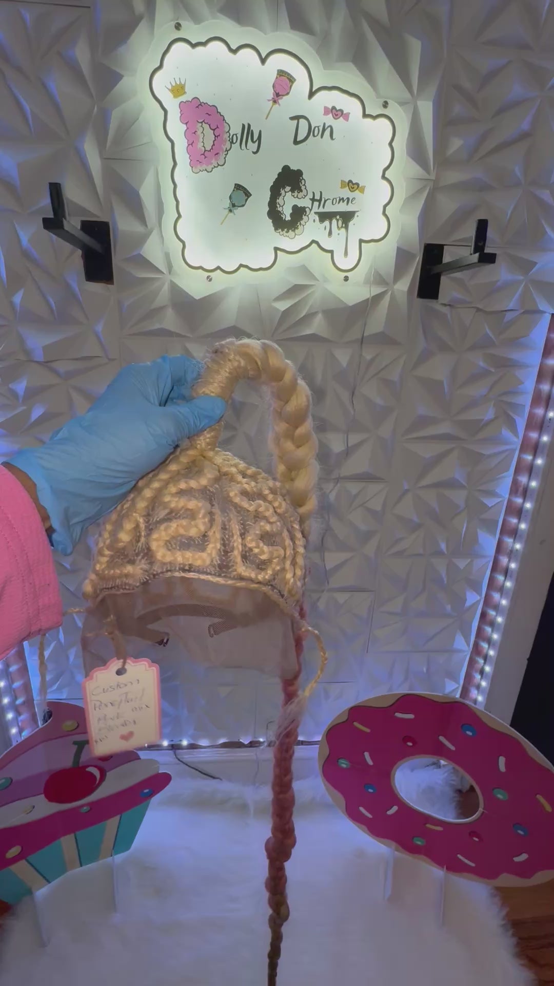 # A1 Dolly Chrome Custom Ponytail Mix Pink Bubble Plait Synthetic Wig.